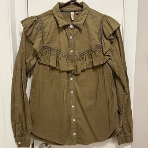 Anthropologie Pilcro Ruffle ButtonUp Long Sleeve Shirt XS Top Olive Green Cotton